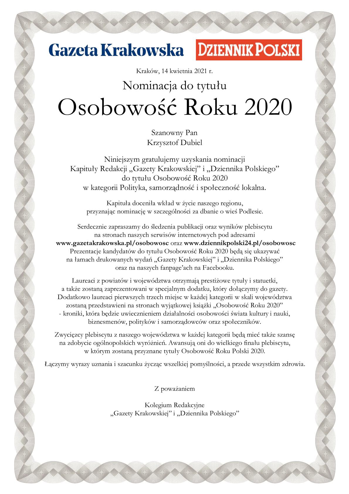 nominacja do tytułu osobowość roku dwa tysiące dwadzieścia